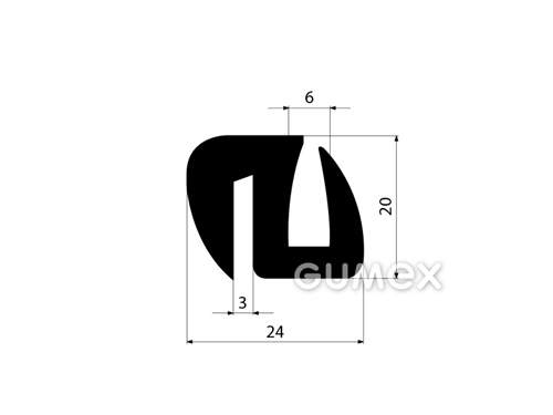 Pryžový profil do oken dopravních prostředků bez klínku, 20x24/6/3mm, 70°ShA, EPDM, -40°C/+100°C, černý